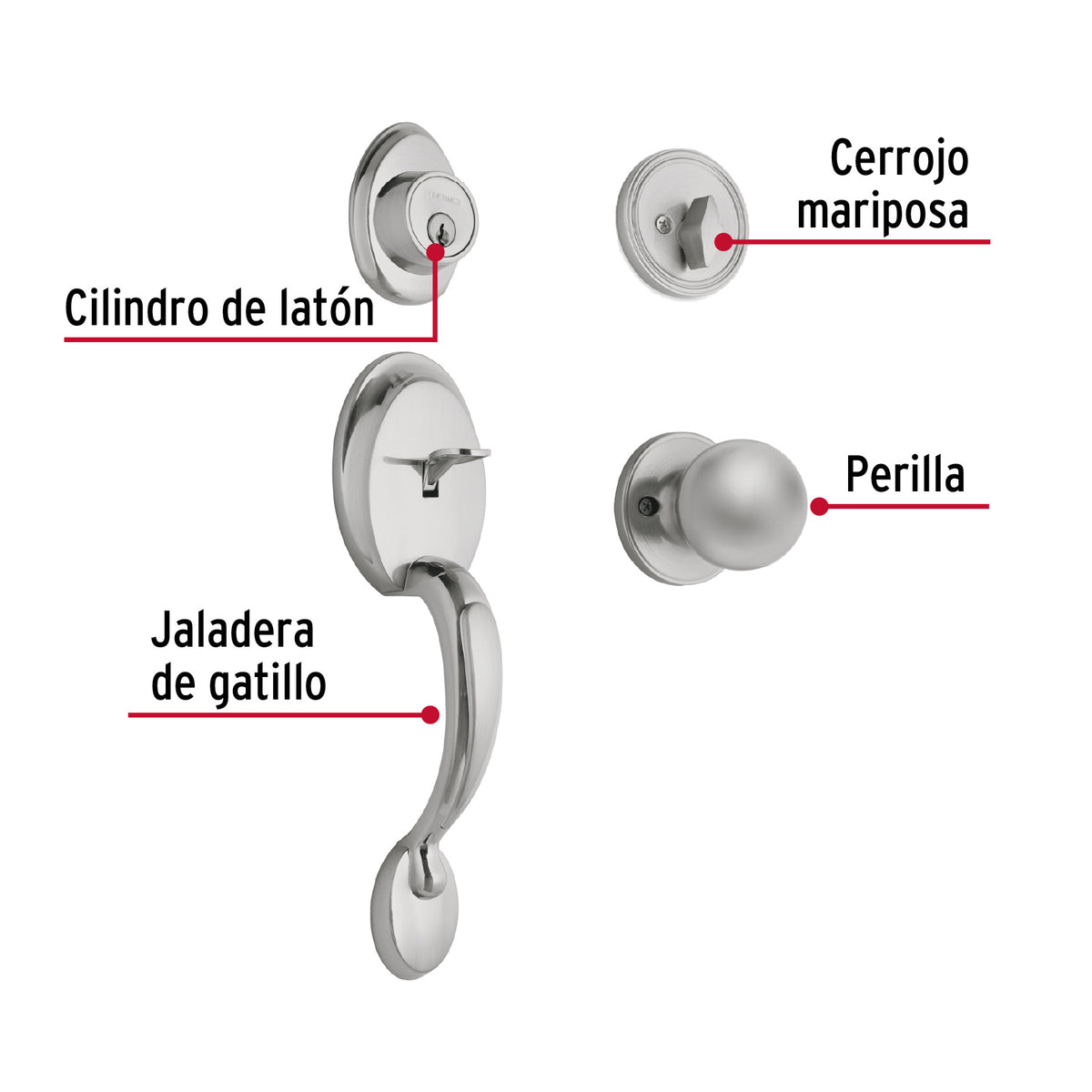 Cerradura, cromo mate, mariposa, pomo-jaladera, Hermex Basic