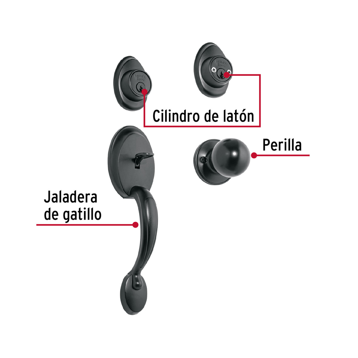 Jaladera, perilla y cerrojo llave-llave, negro, Basic