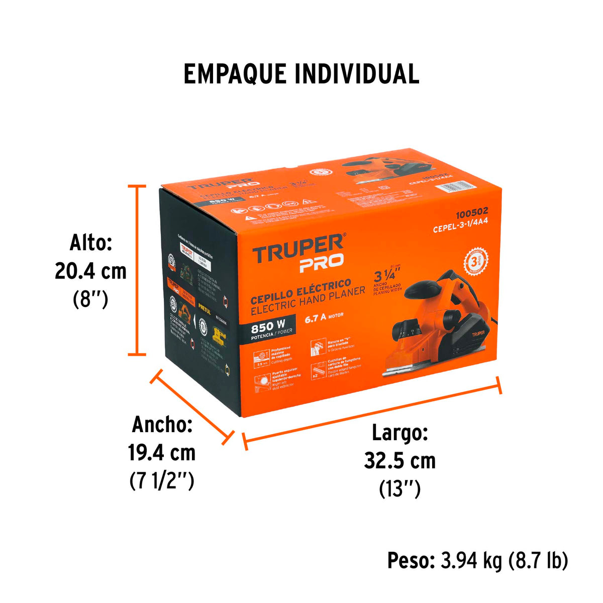 Cepillo eléctrico 3-1/4', profesional, 850 W