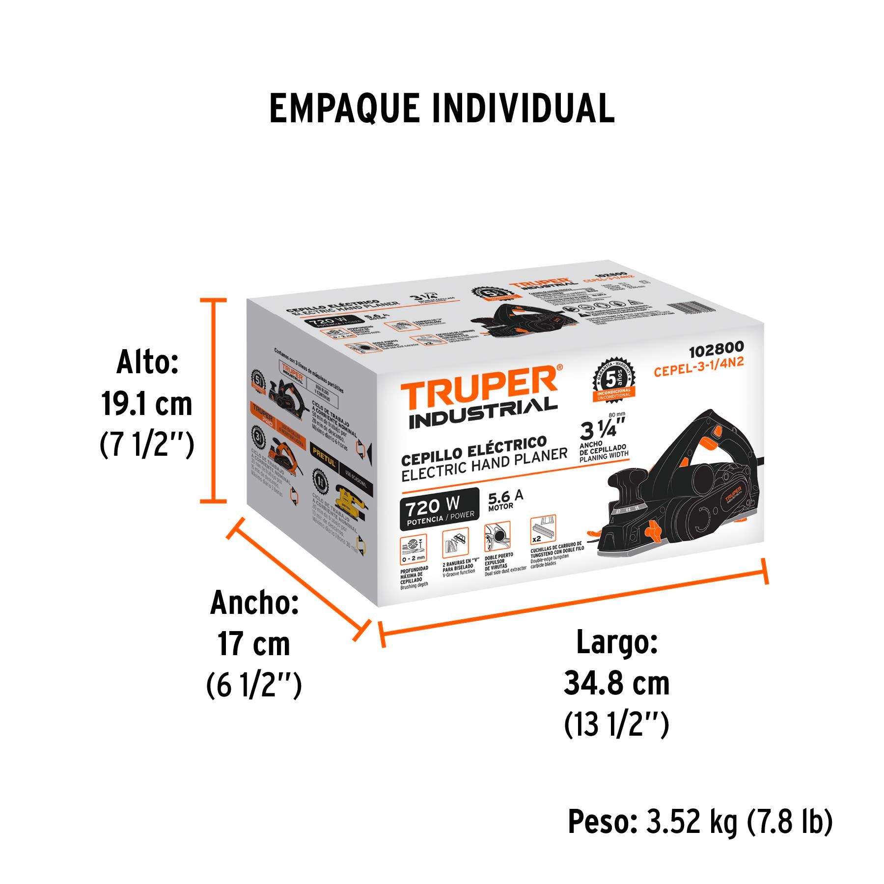 Cepillo eléctrico 3-1/4' 720 W, industrial, Truper