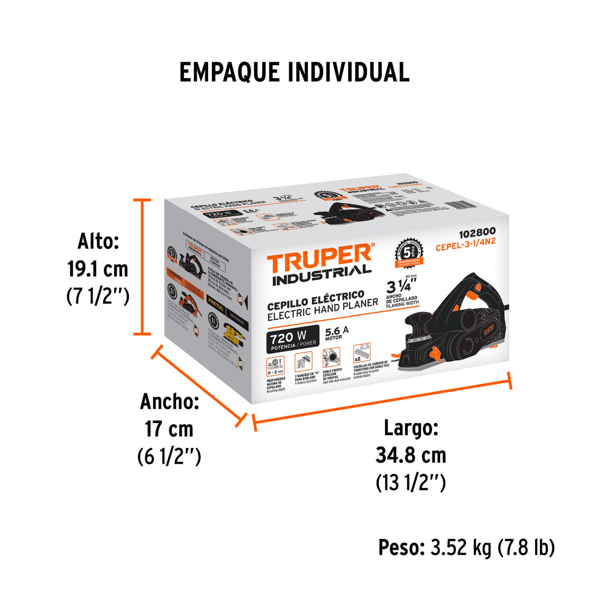 Cepillo eléctrico 3-1/4' 720 W, industrial, Truper