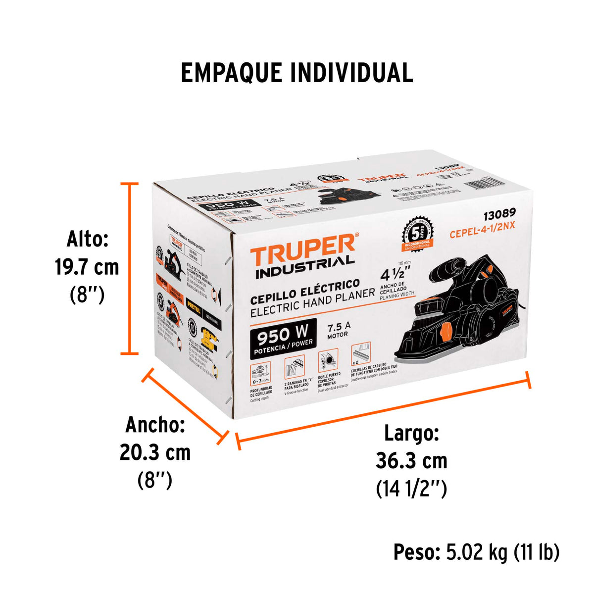Cepillo eléctrico 4-1/2", 950W, TRUPER INDUSTRIAL