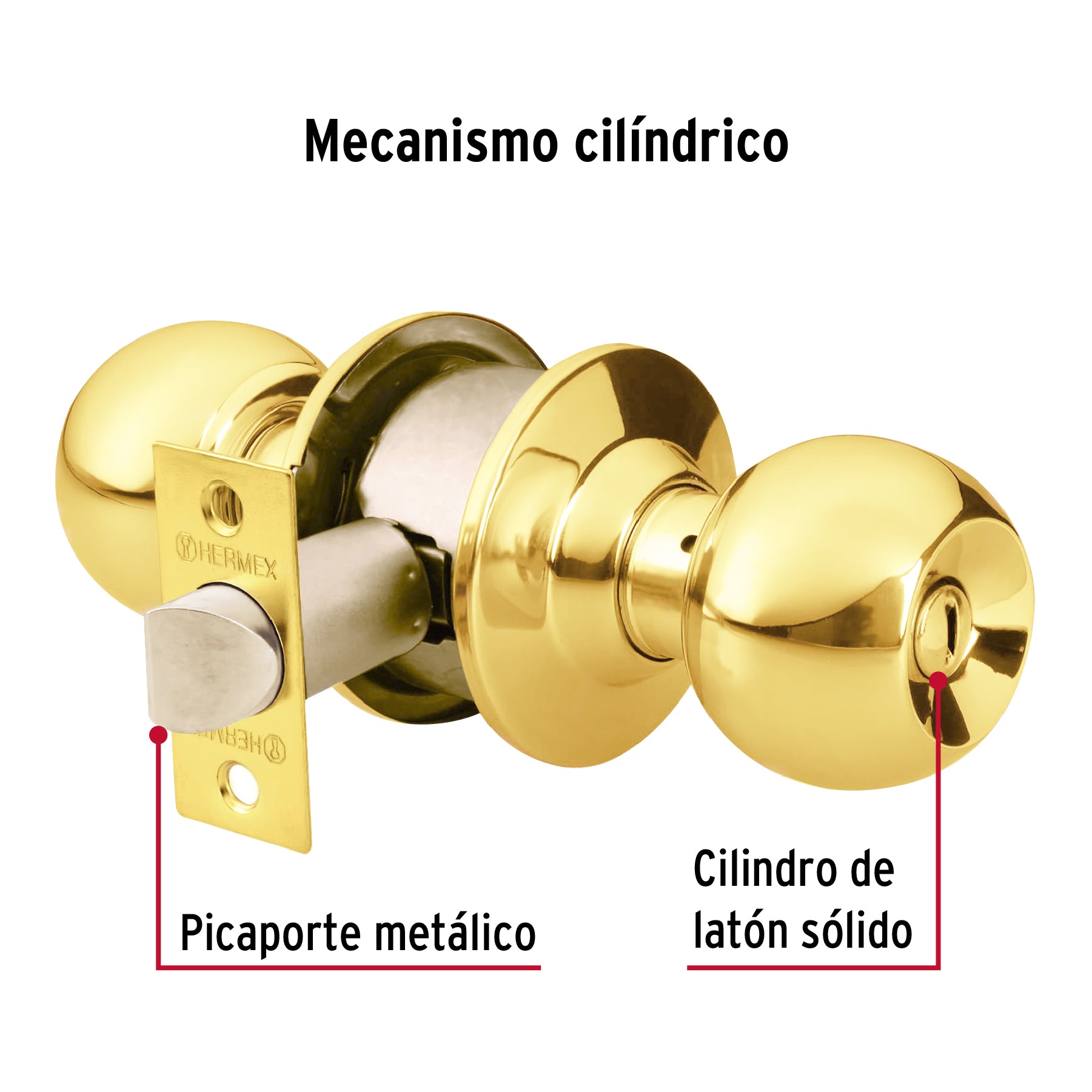 Cerradura pomo, latón brillante, esfera, baño