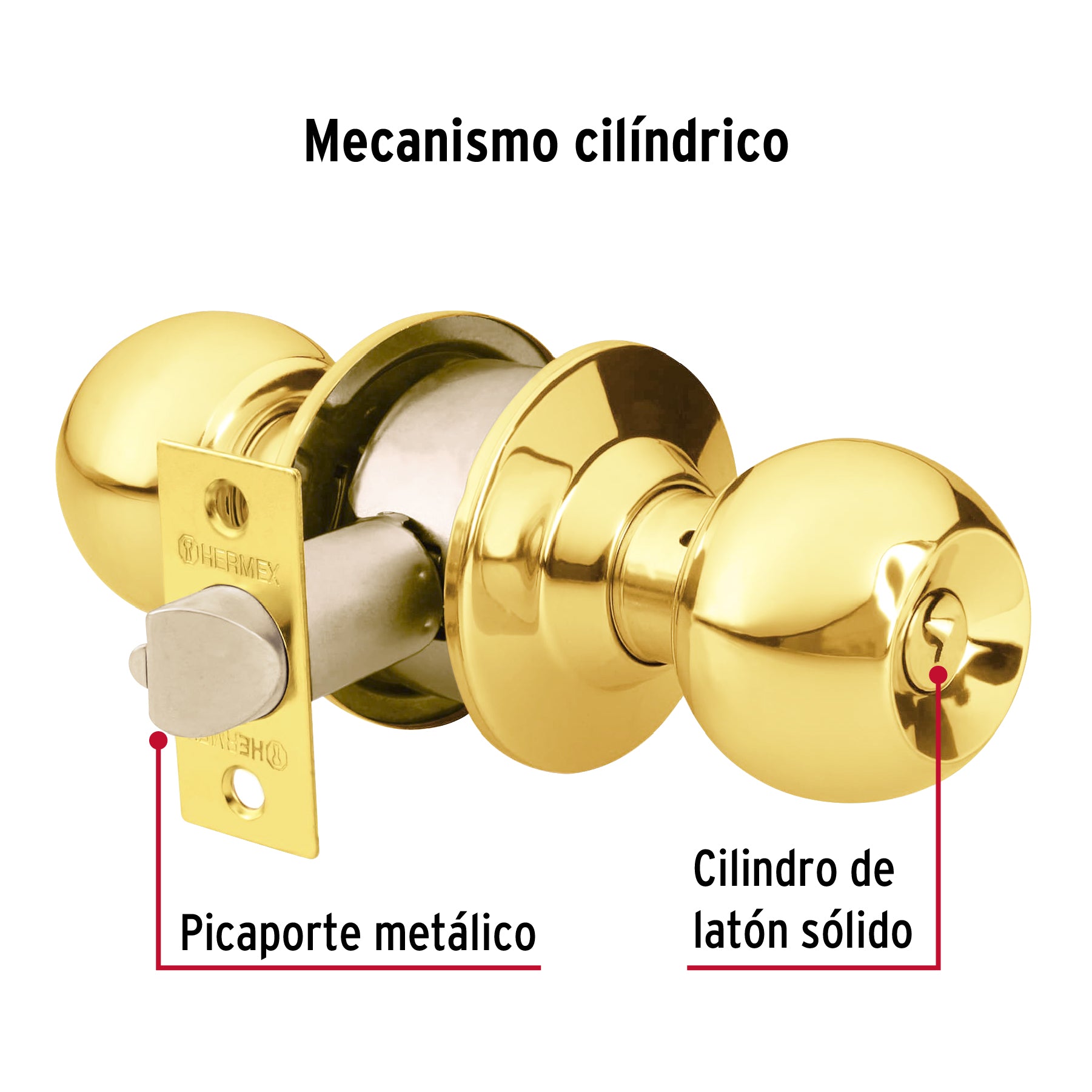 Cerradura pomo, latón brillante, esfera, recámara