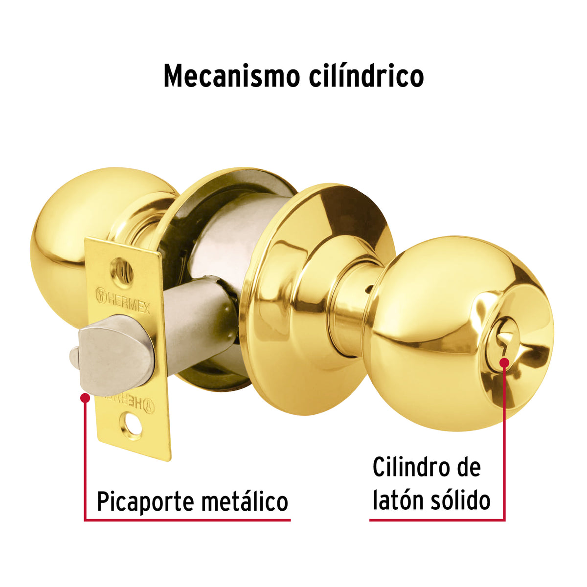 Cerradura pomo, latón brillante, esfera, recámara