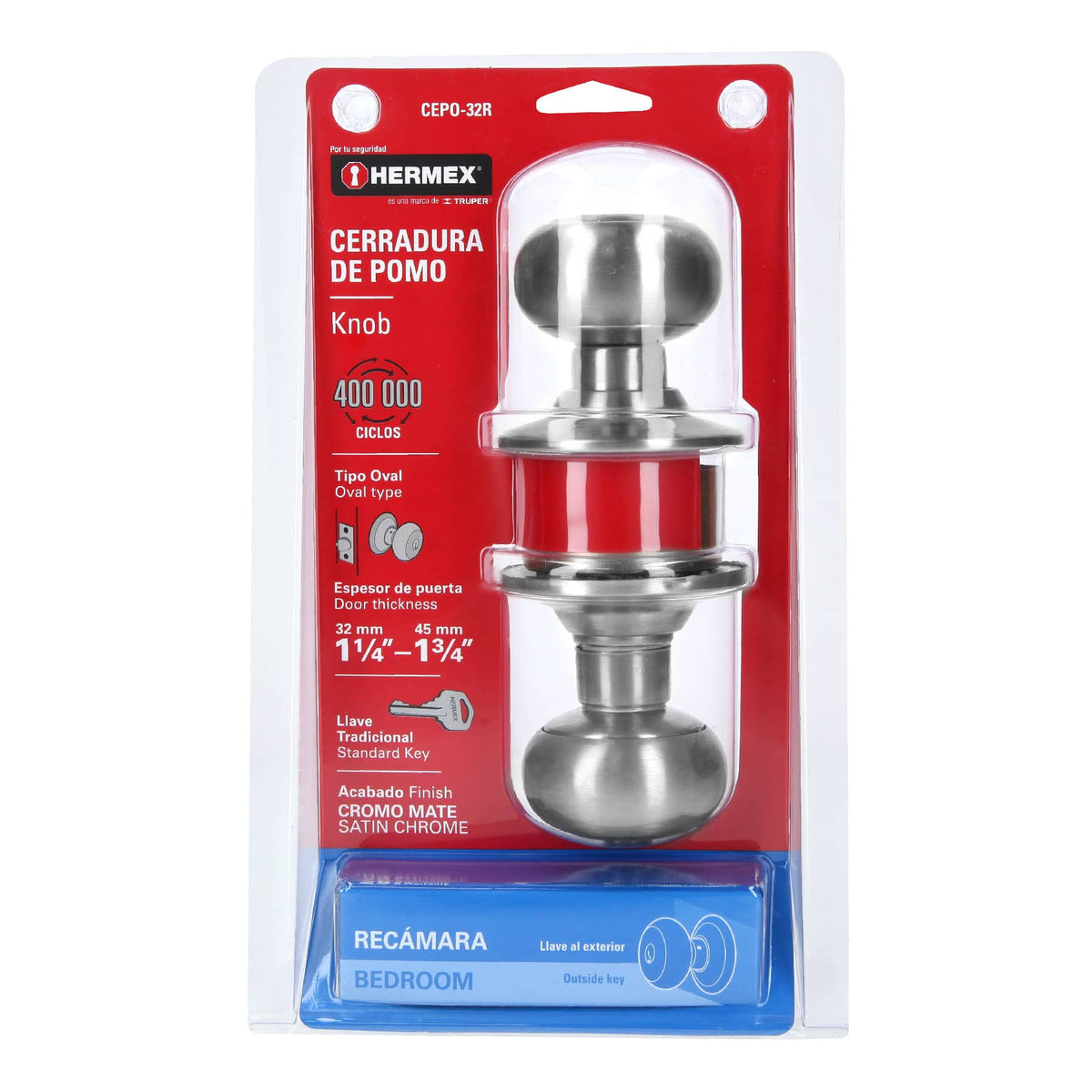 Cerradura pomo, cromo mate, oval, recamara