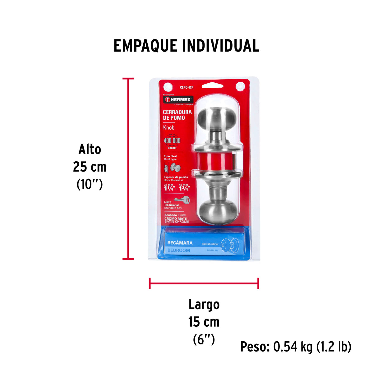 Cerradura pomo, cromo mate, oval, recamara