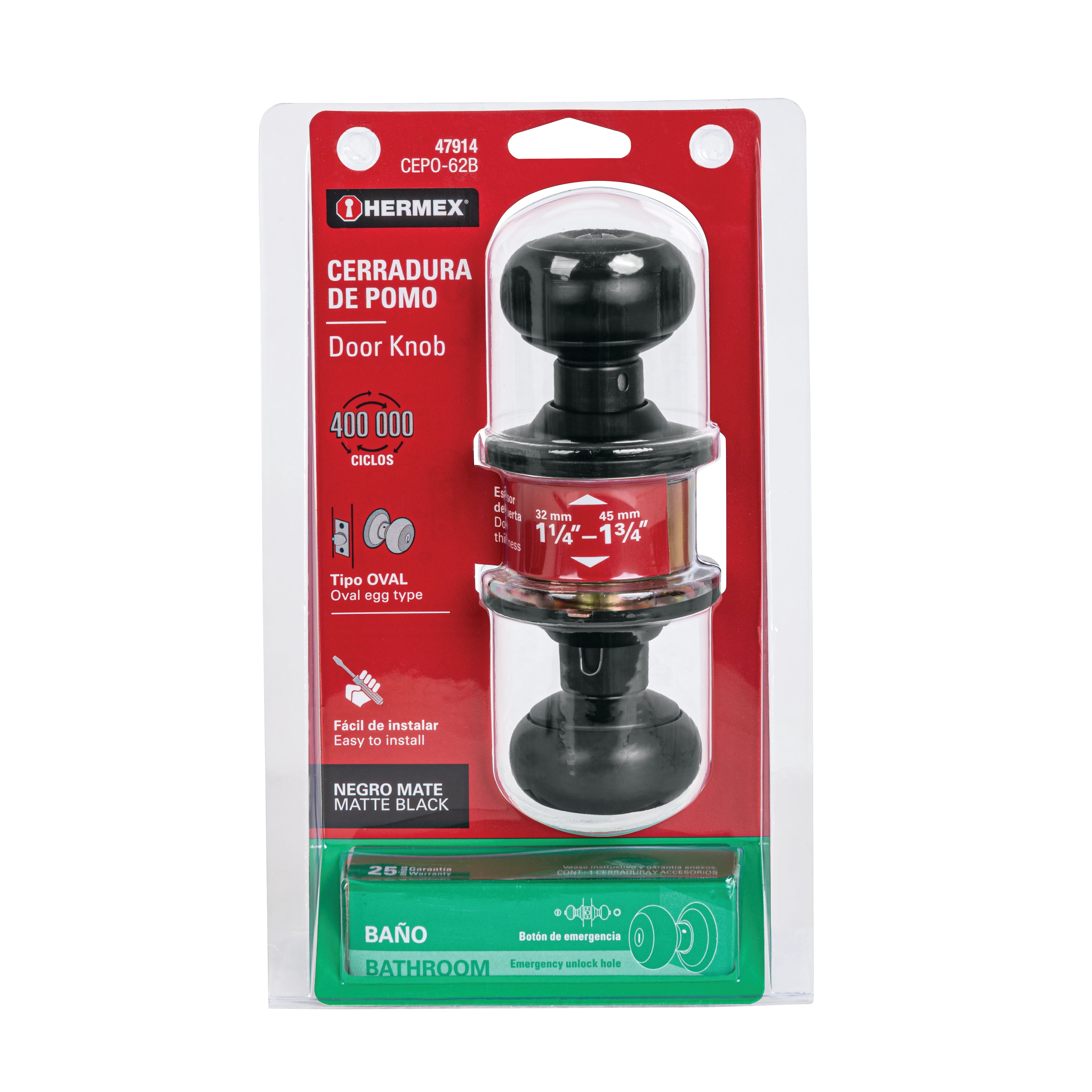 Cerradura pomo, negro, oval, baño, Hermex