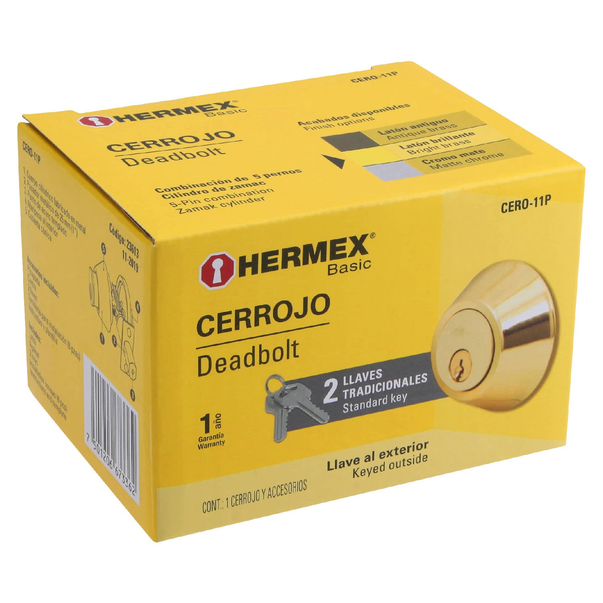 Cerrojo, latón brillante, cilindro-mariposa, Hermex Basic