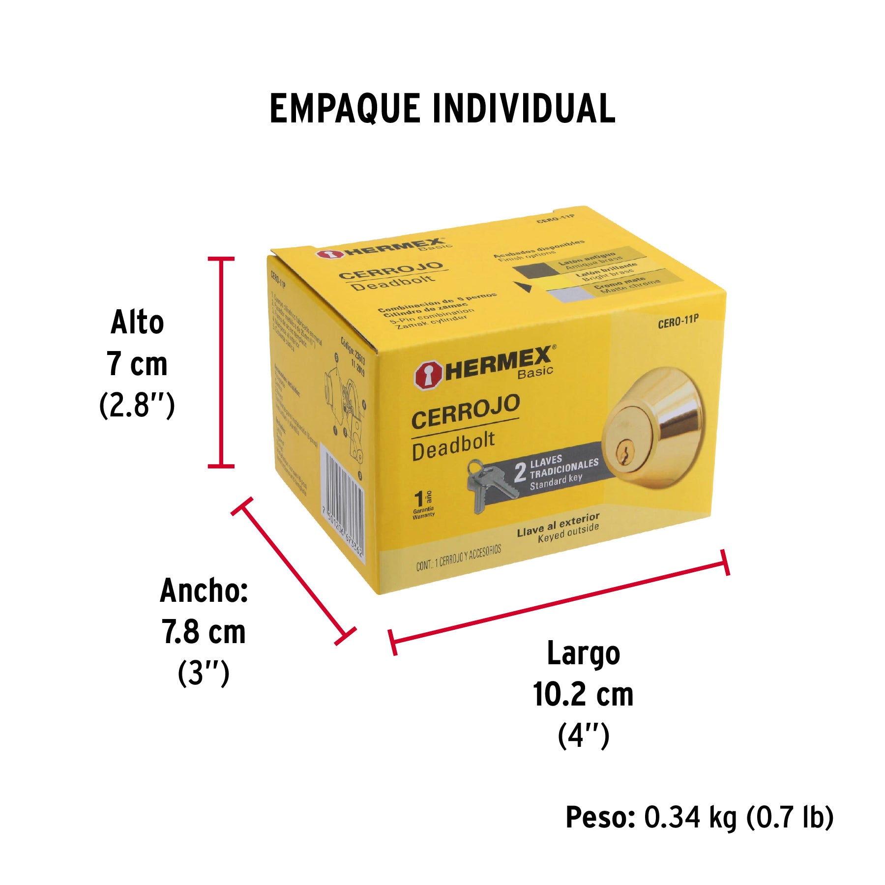 Cerrojo, latón brillante, cilindro-mariposa, Hermex Basic