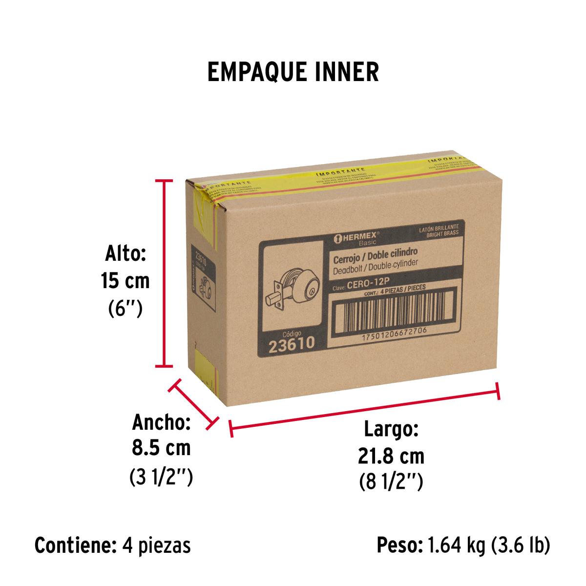 Cerrojo, latón brillante, doble cilindro, Hermex Basic