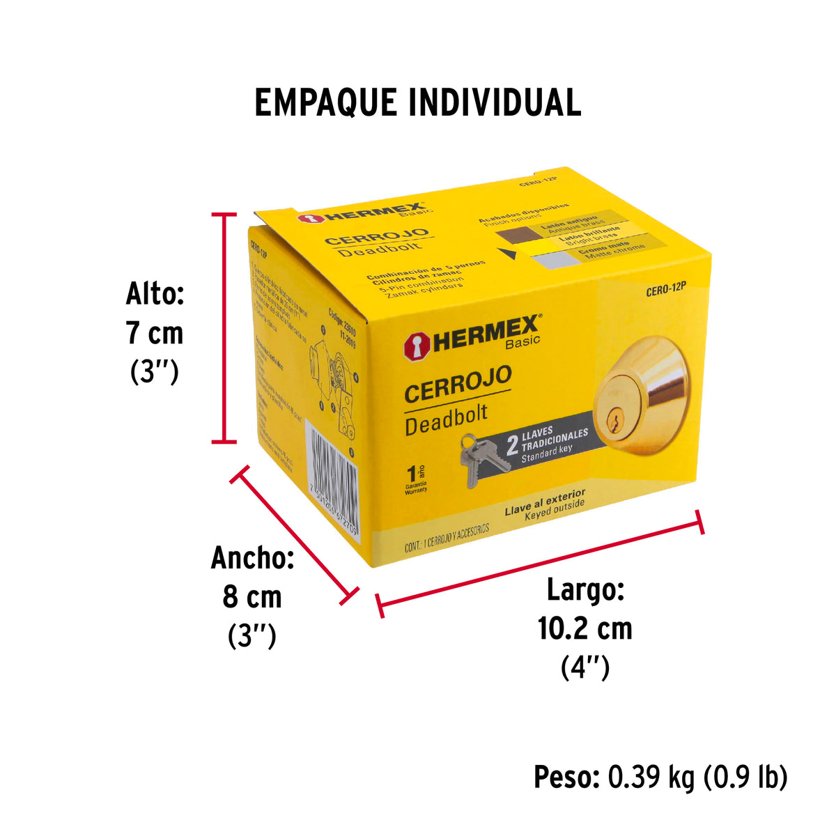 Cerrojo, latón brillante, doble cilindro, Hermex Basic