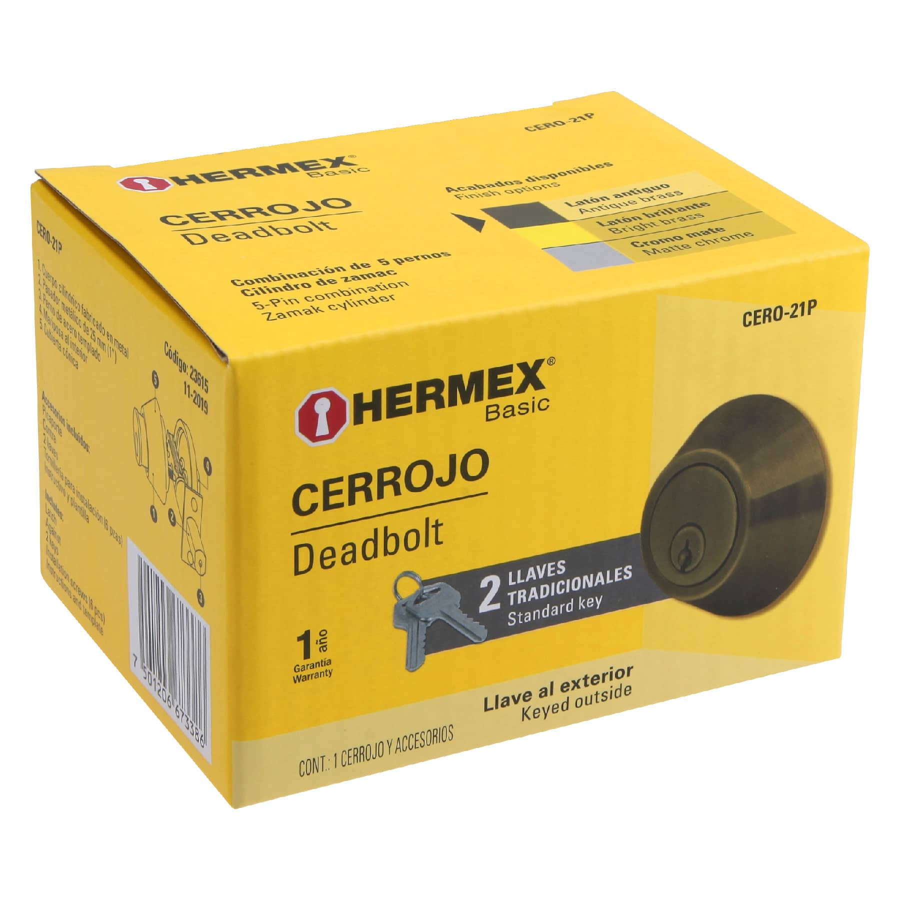 Cerrojo, latón antiguo, cilindro-mariposa, Hermex Basic