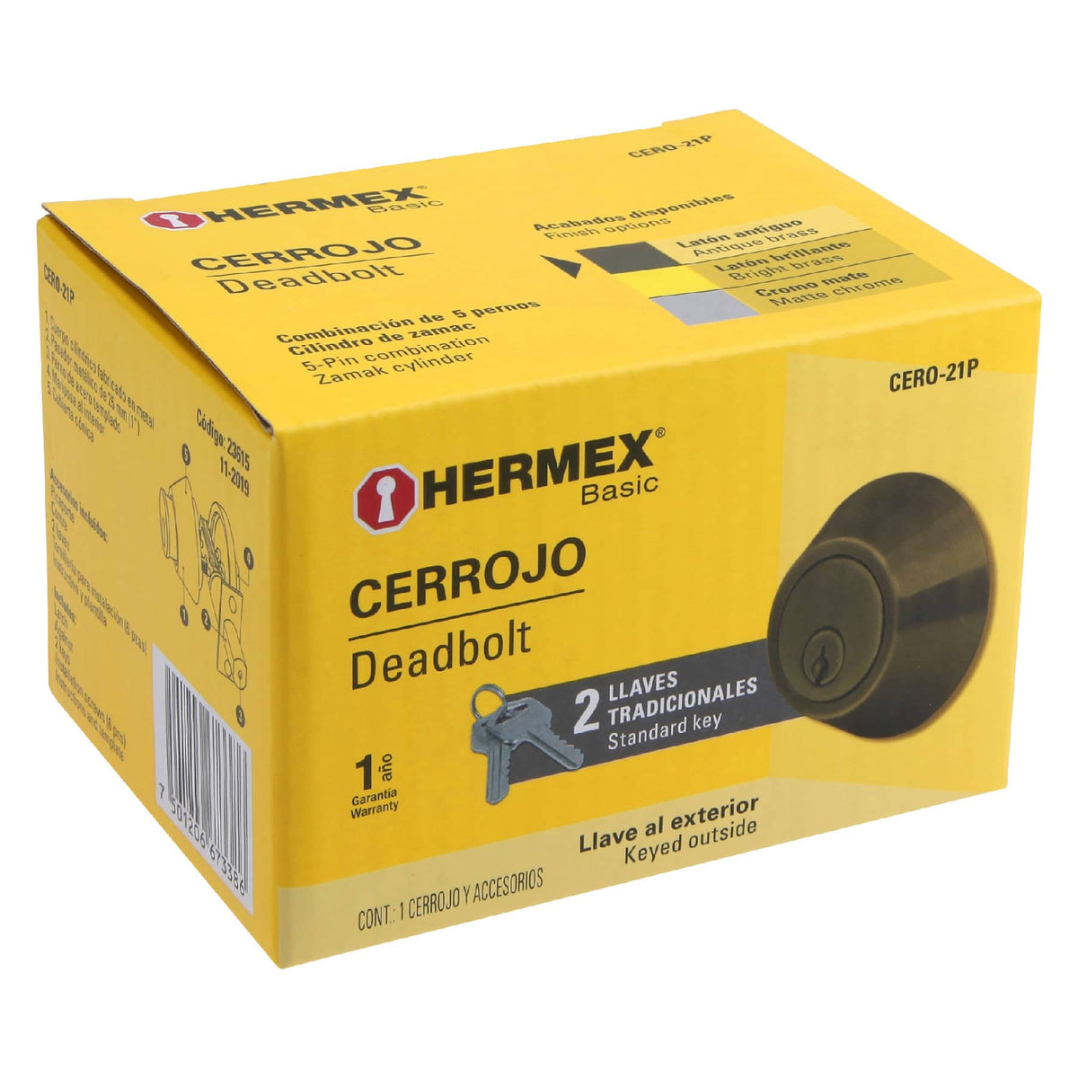Cerrojo, latón antiguo, cilindro-mariposa, Hermex Basic