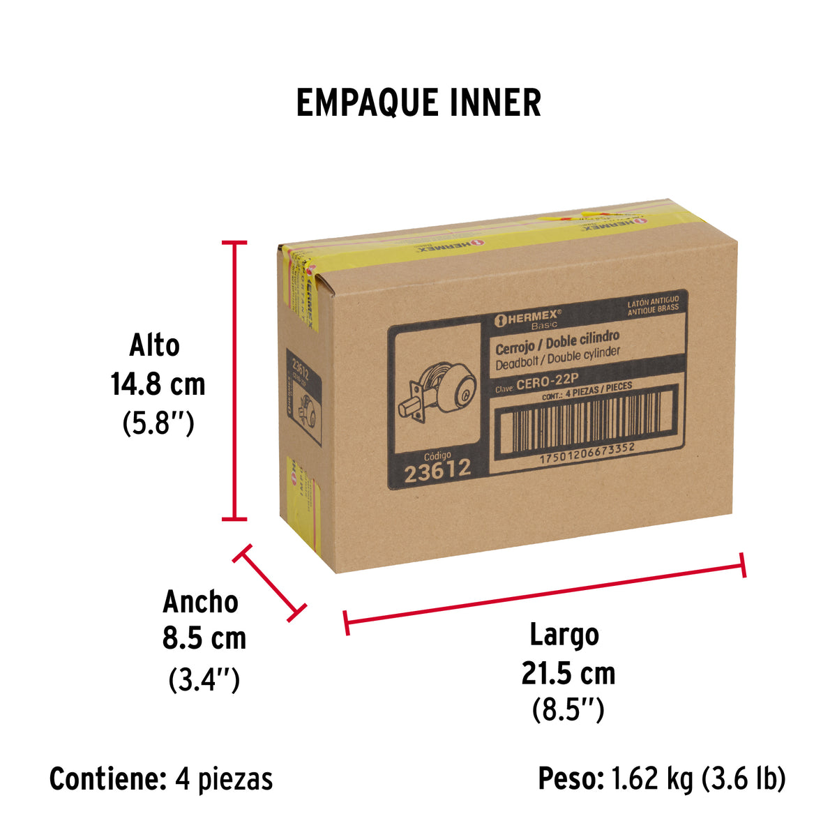 Cerrojo, latón antiguo, doble cilindro, Hermex Basic