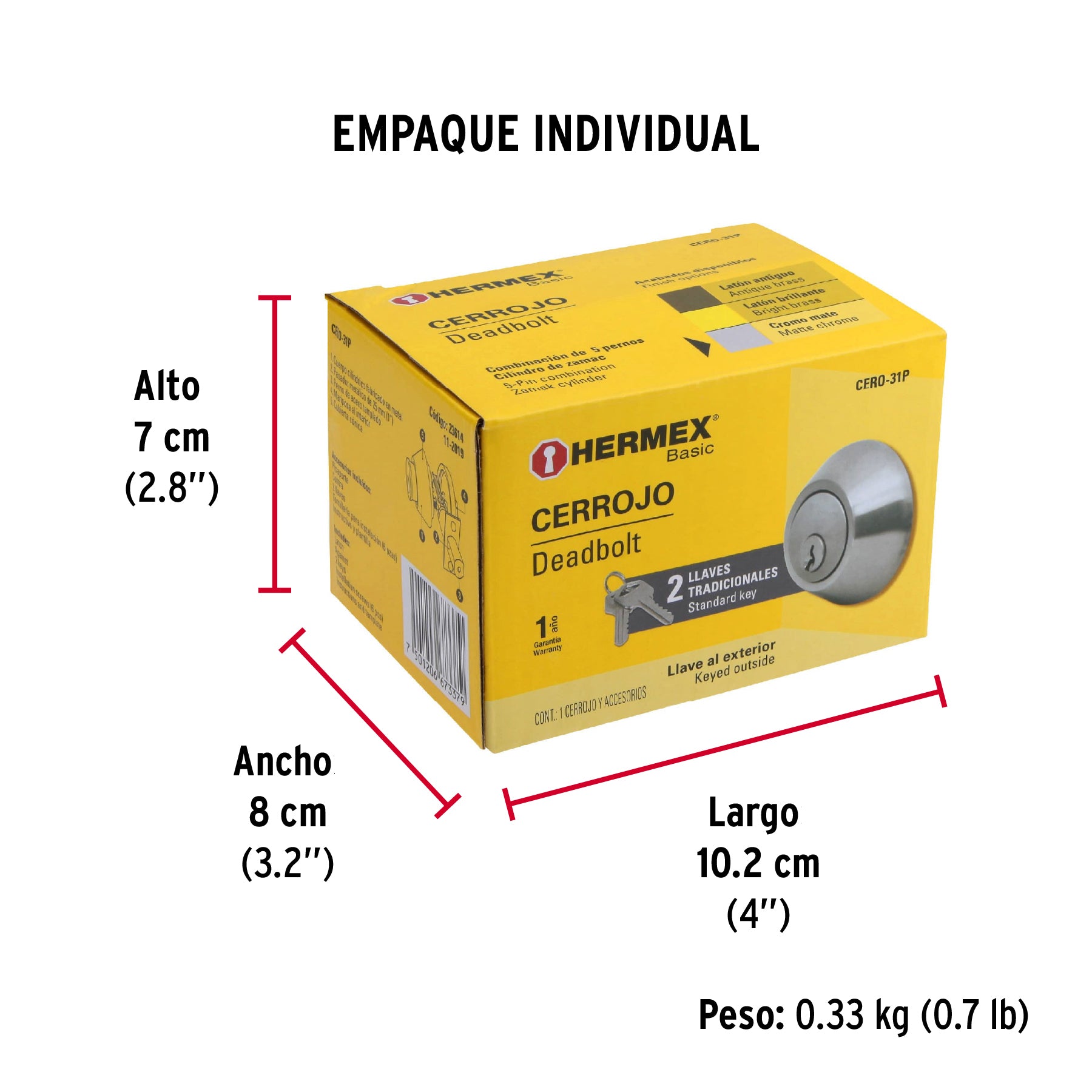 Cerrojo, cromo mate, cilindro-mariposa, Hermex Basic