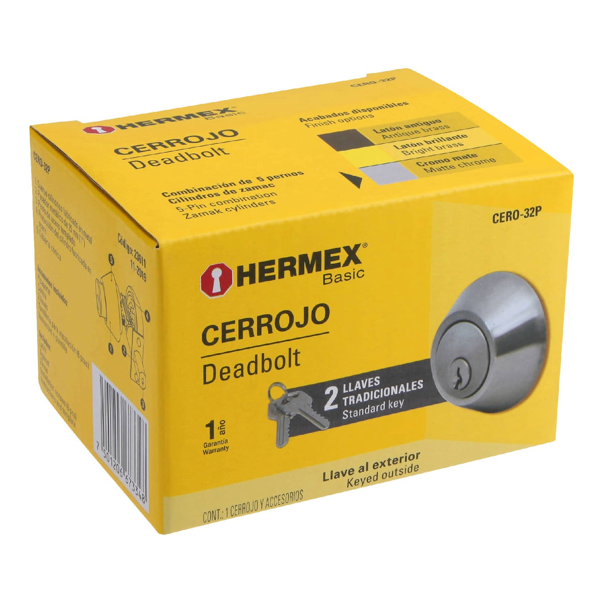 Cerrojo, cromo mate, doble cilindro, Hermex Basic
