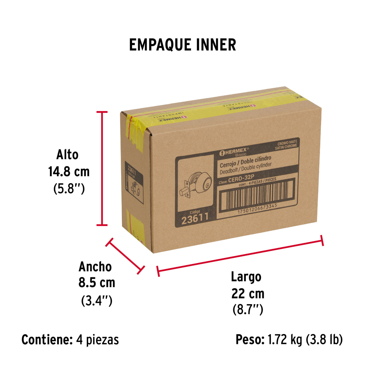 Cerrojo, cromo mate, doble cilindro, Hermex Basic