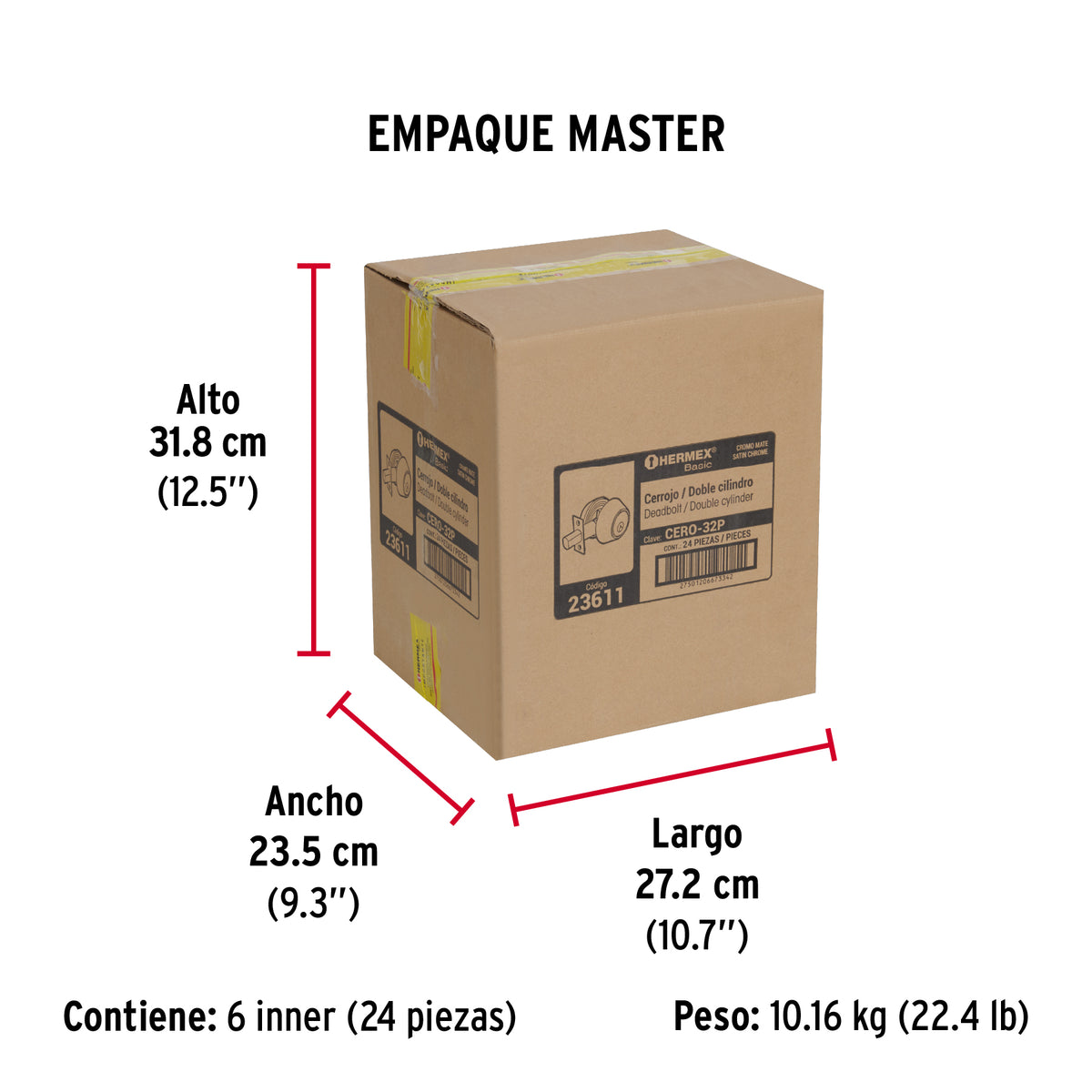 Cerrojo, cromo mate, doble cilindro, Hermex Basic