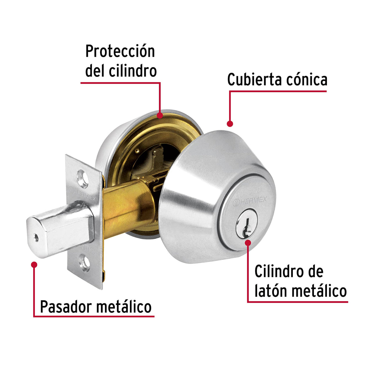 Cerrojo, cromo mate, doble cilindro, Hermex Basic