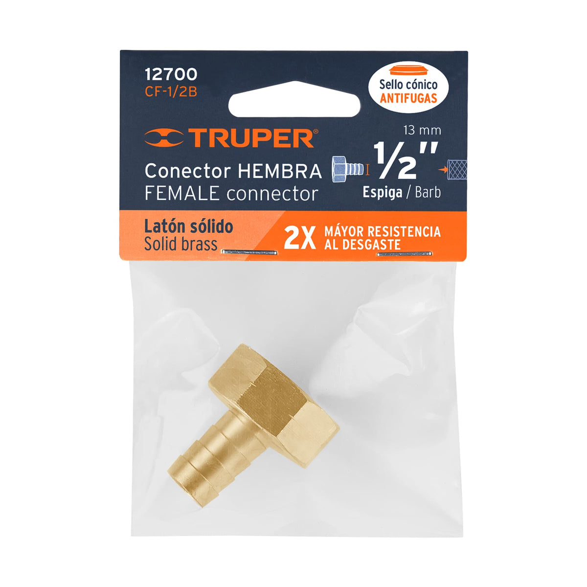 Conector sencillo 1/2", hembra, de latón maquinado
