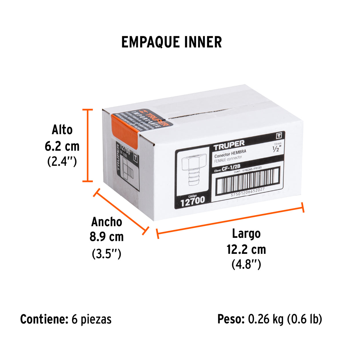 Conector sencillo 1/2", hembra, de latón maquinado