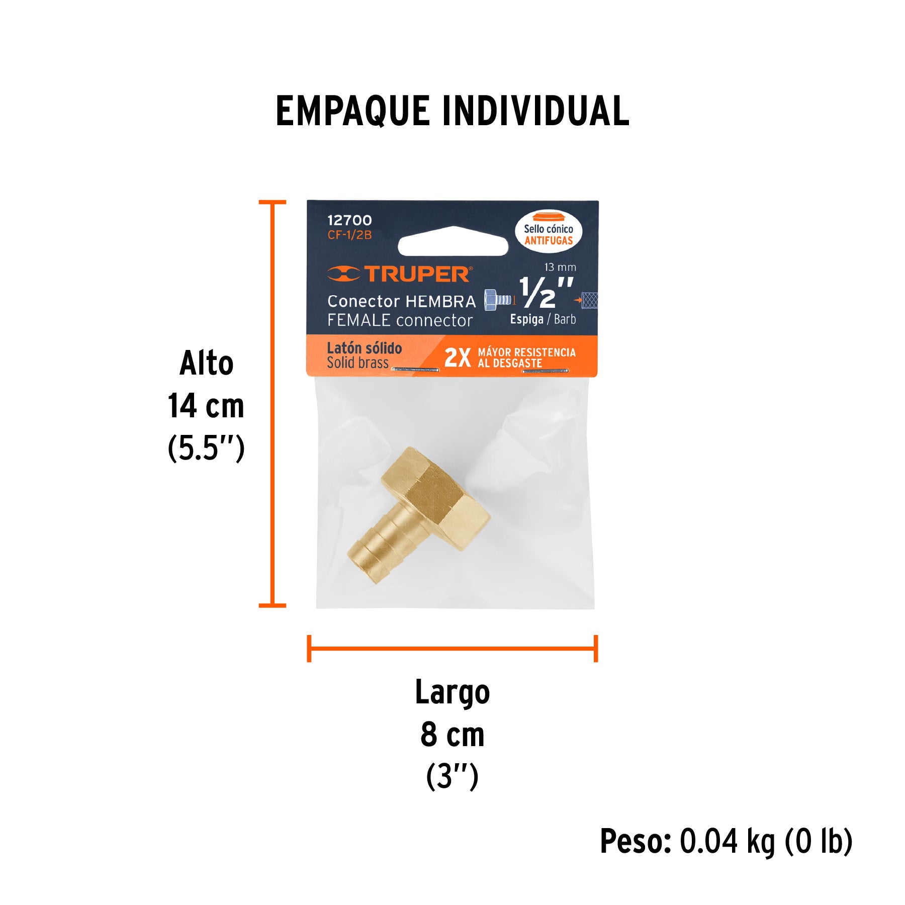 Conector sencillo 1/2", hembra, de latón maquinado