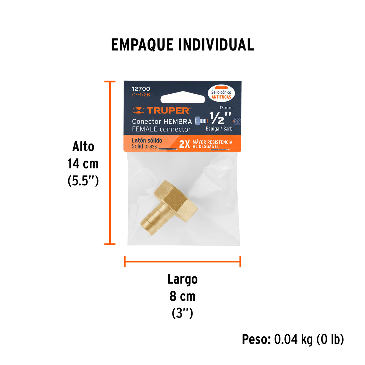 Conector sencillo 1/2", hembra, de latón maquinado