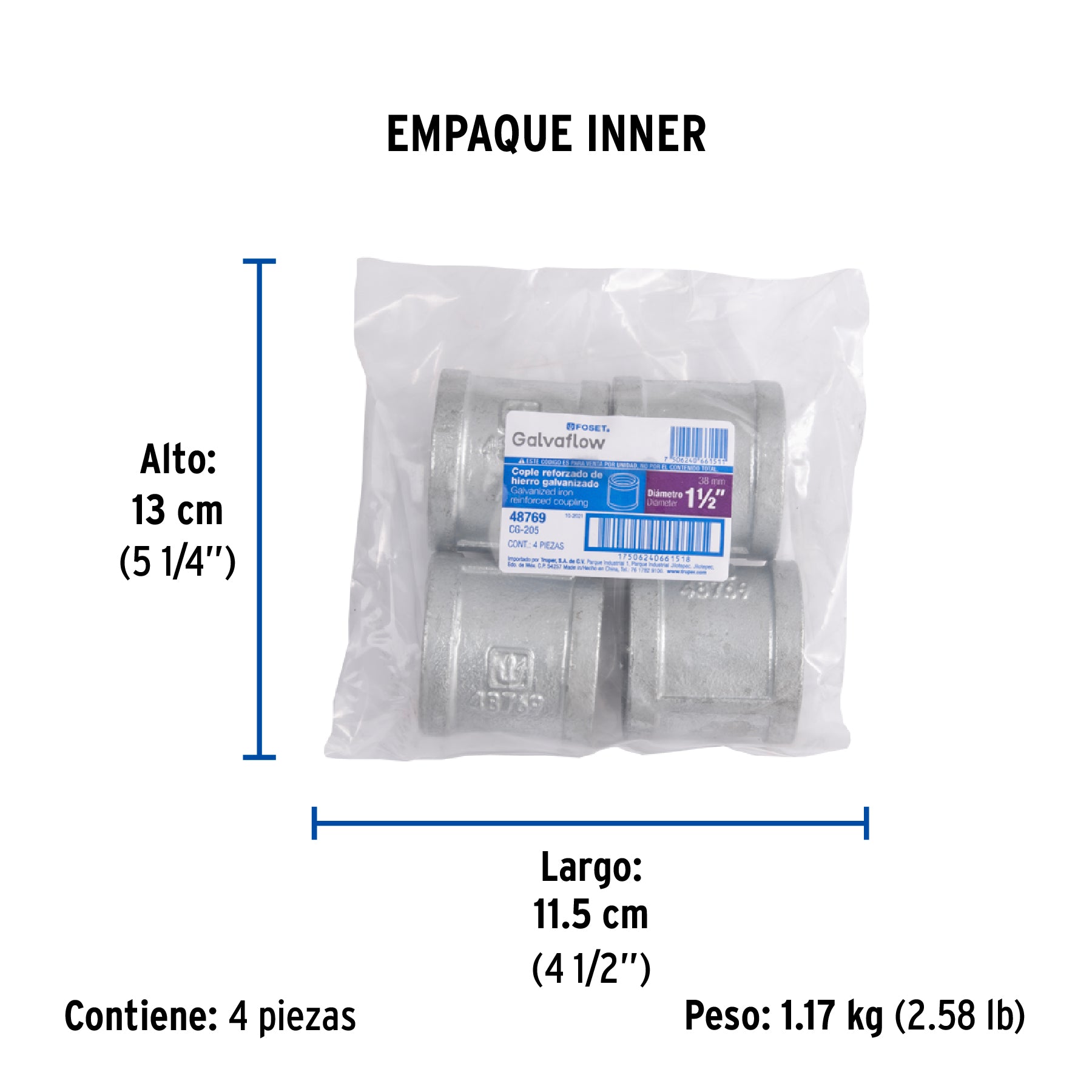 Cople reforzado, acero galvanizado, 1-1/2"