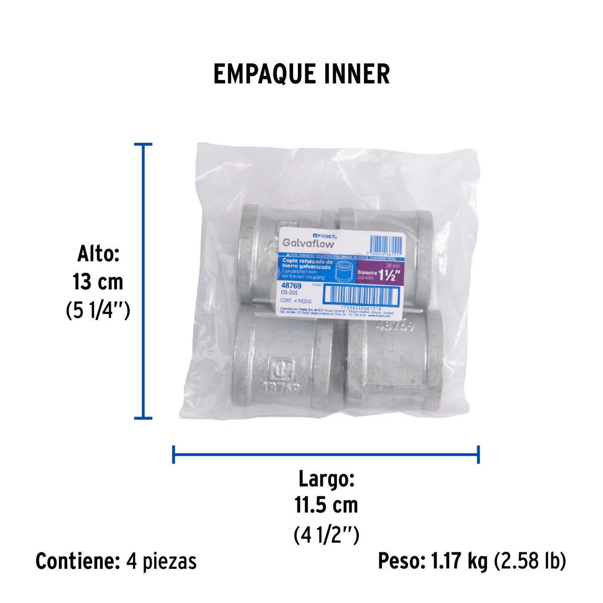 Cople reforzado, acero galvanizado, 1-1/2"
