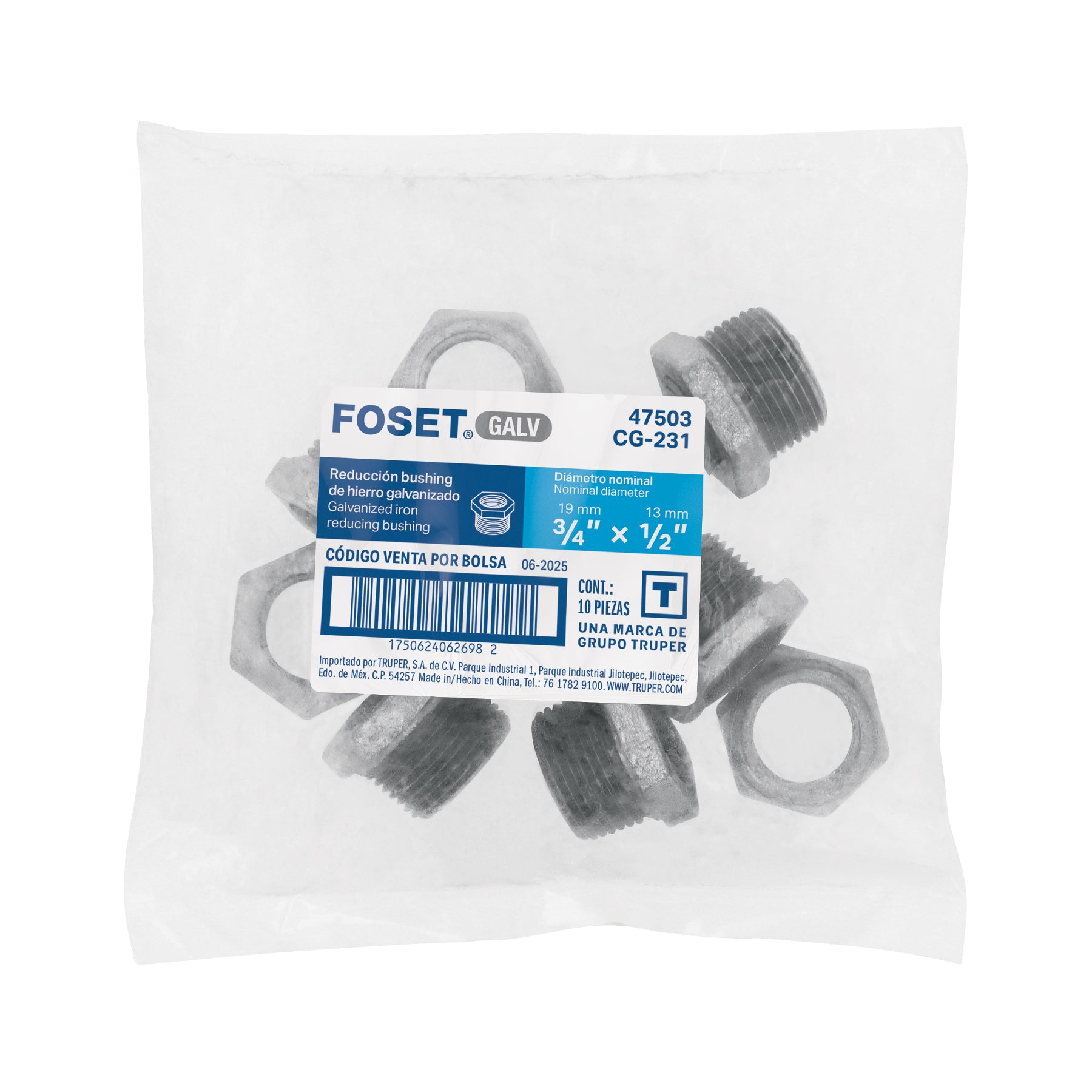 Reducción bushing, acero galvanizado, 3/4 x 1/2"