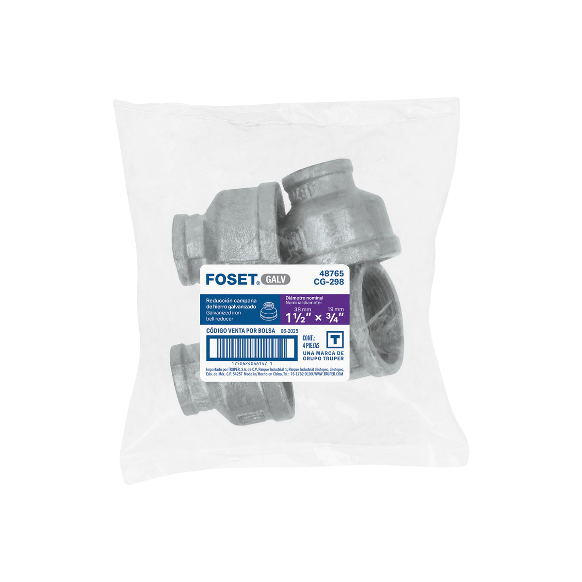 Reducción campana, acero galvanizado, 1-1/2x3/4"
