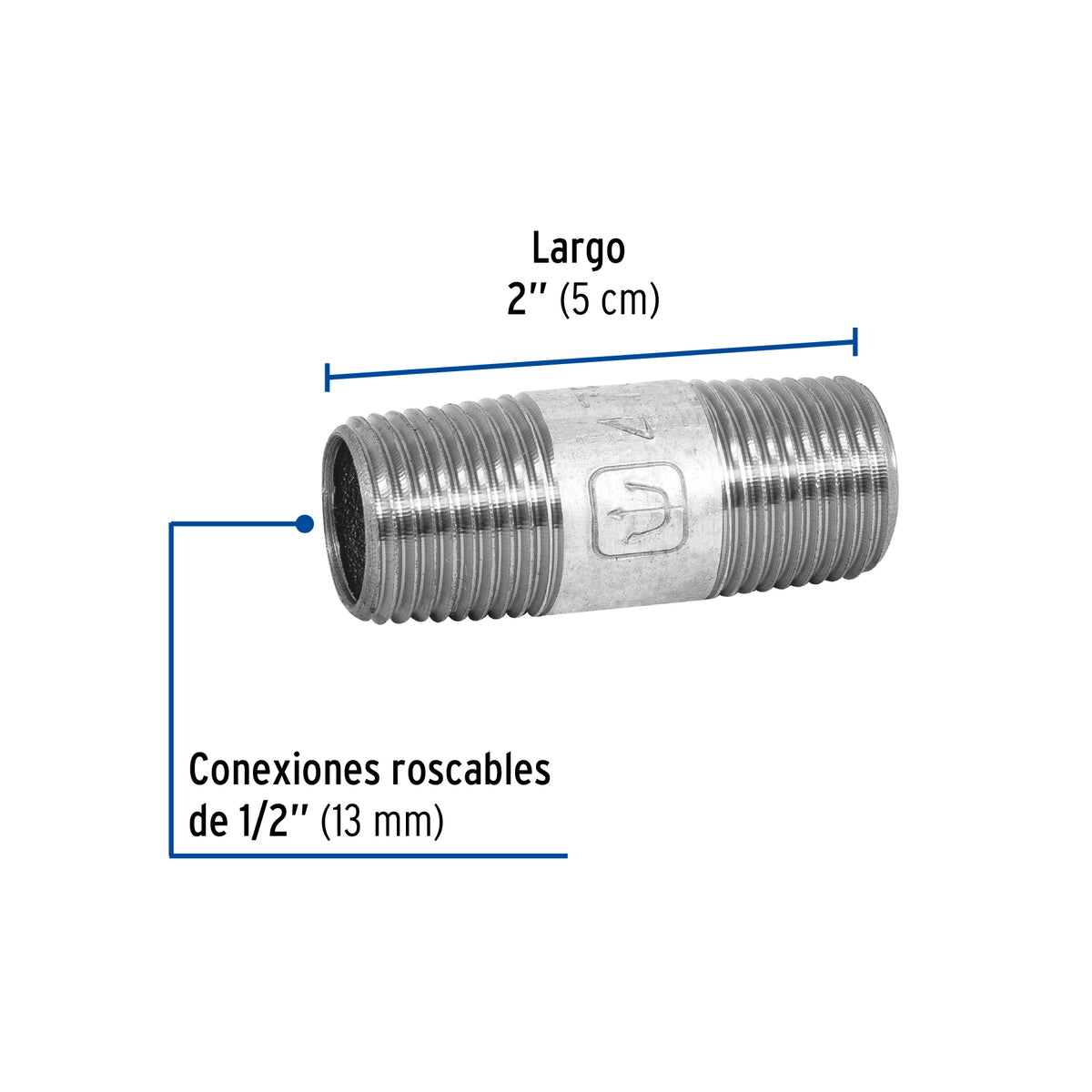 Niple, acero galvanizado, 1/2" x 2", cédula 40