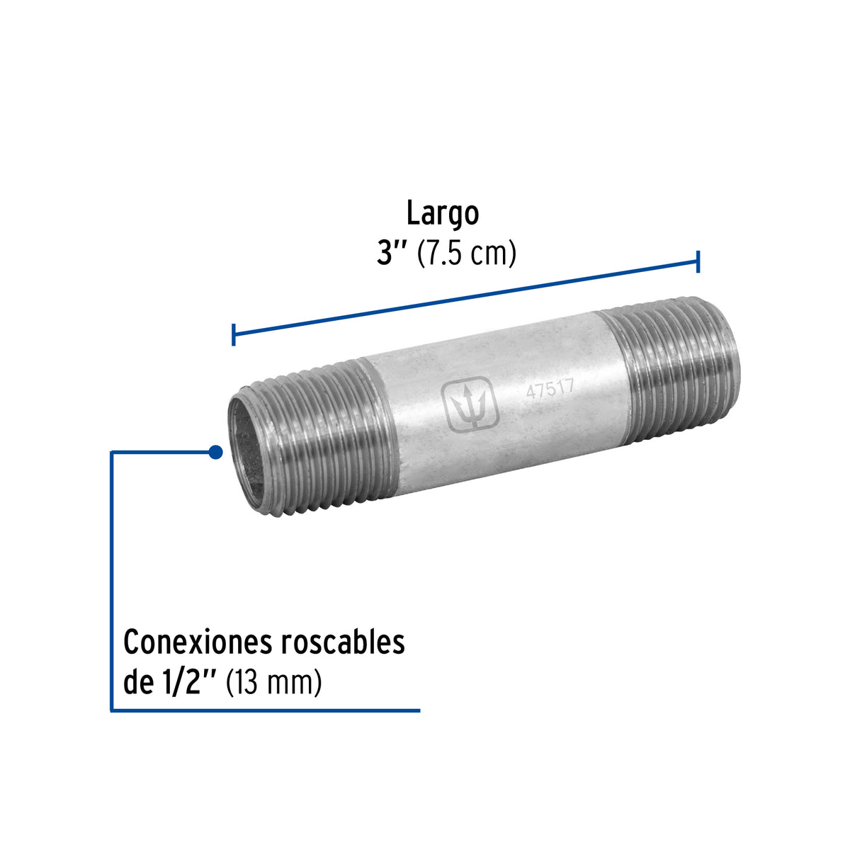 Niple, acero galvanizado, 1/2" x 3", cédula 40