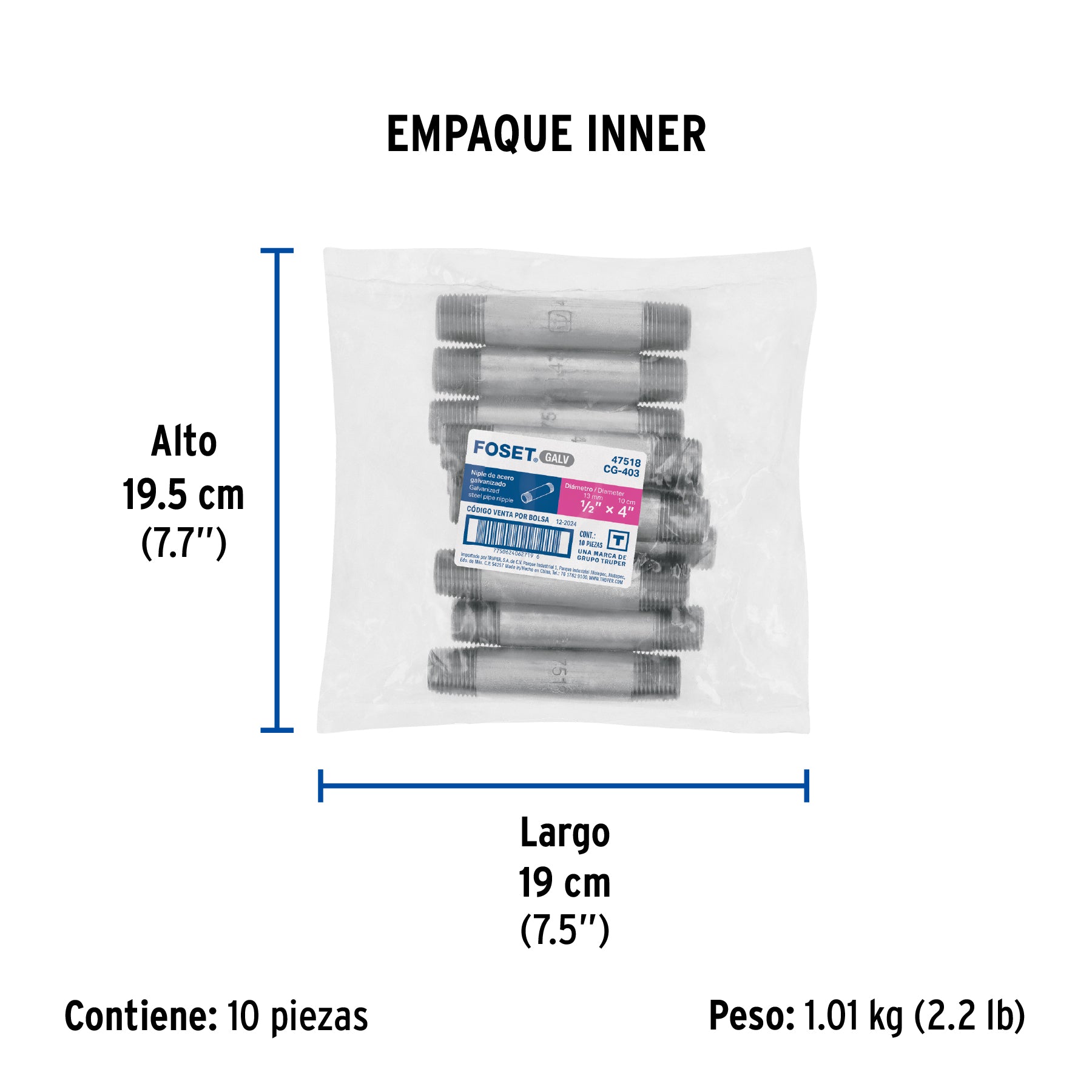 Niple, acero galvanizado, 1/2" x 4", cédula 40