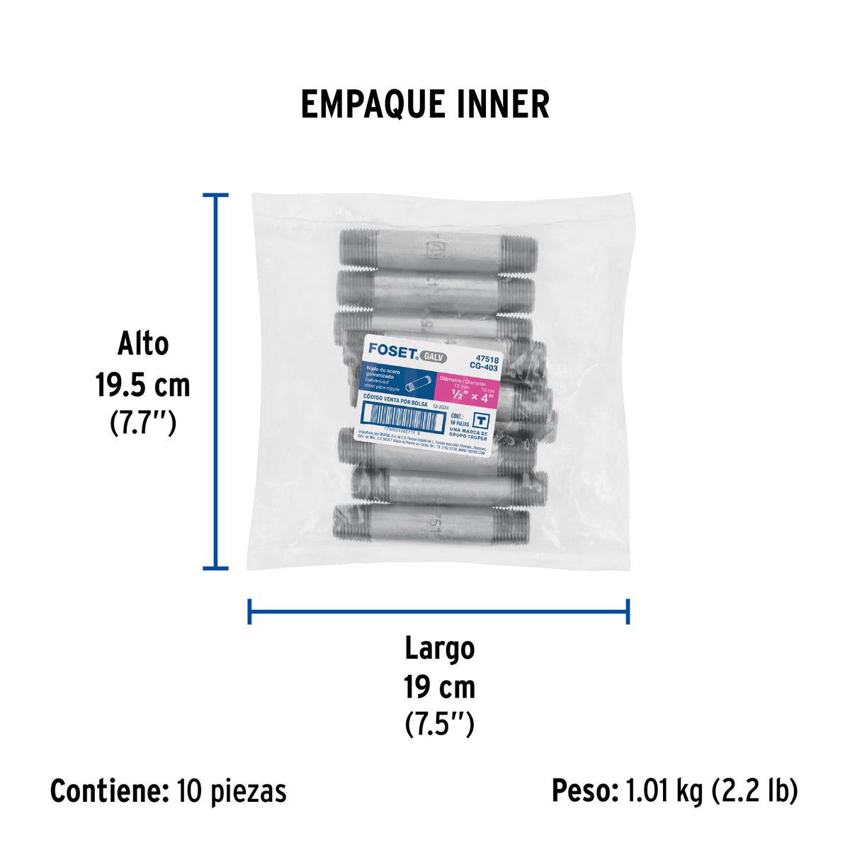 Niple, acero galvanizado, 1/2" x 4", cédula 40