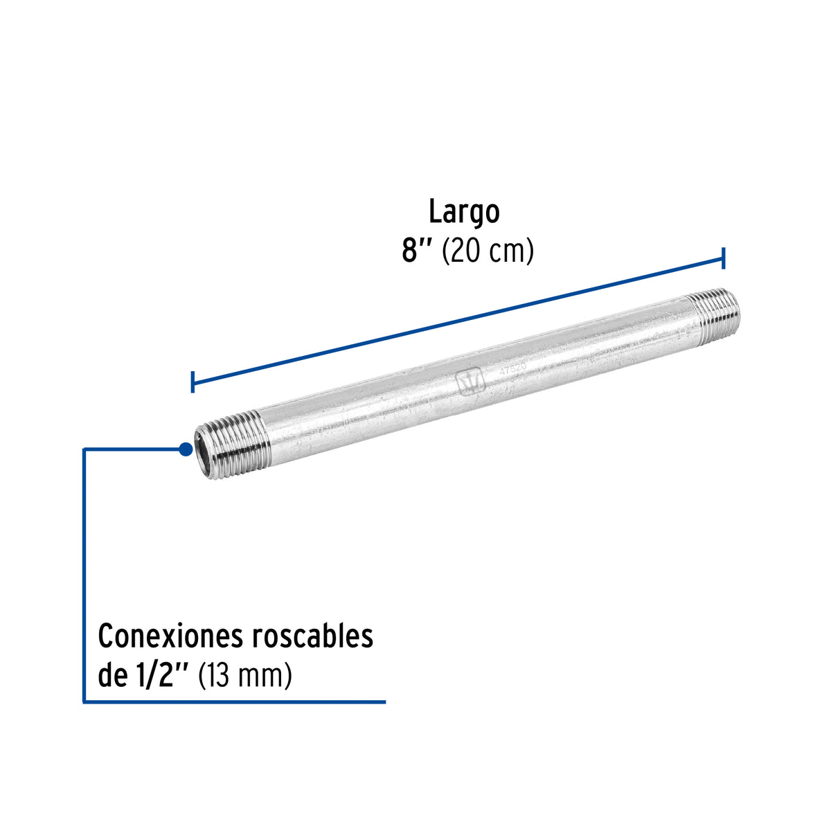 Niple, acero galvanizado, 1/2" x 8", cédula 40