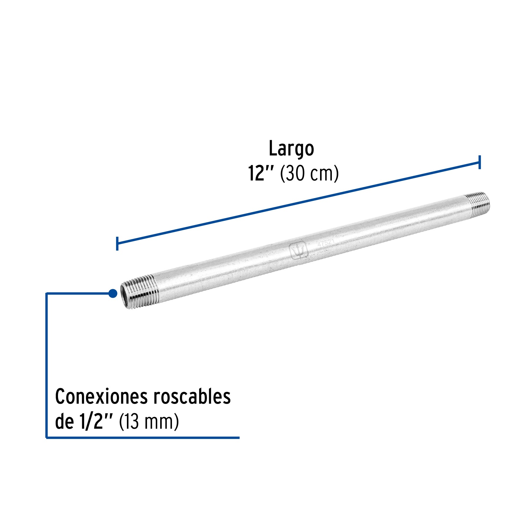 Niple, acero galvanizado, 1/2" x 12", cédula 40