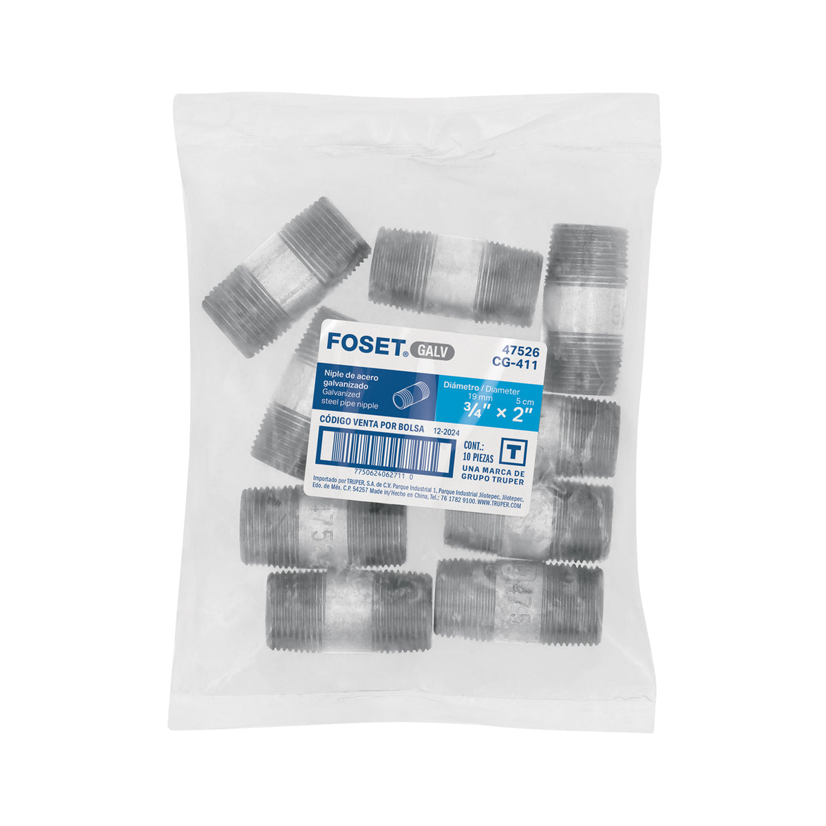 Niple, acero galvanizado, 3/4" x 2", cédula 40