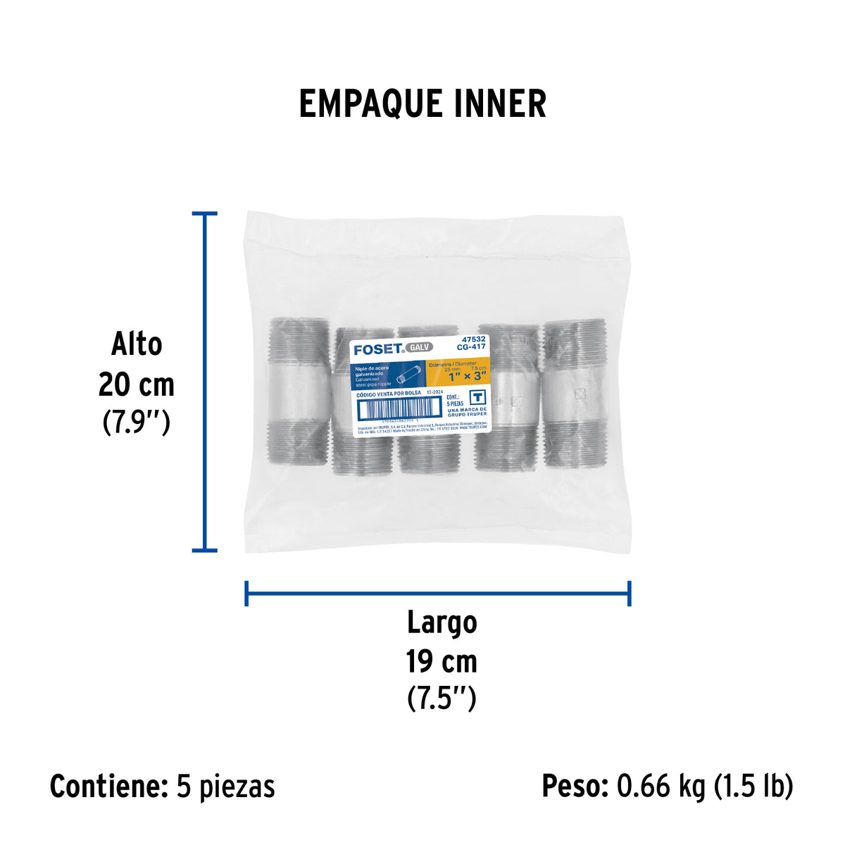 Niple, acero galvanizado, 1" x 3", cédula 40