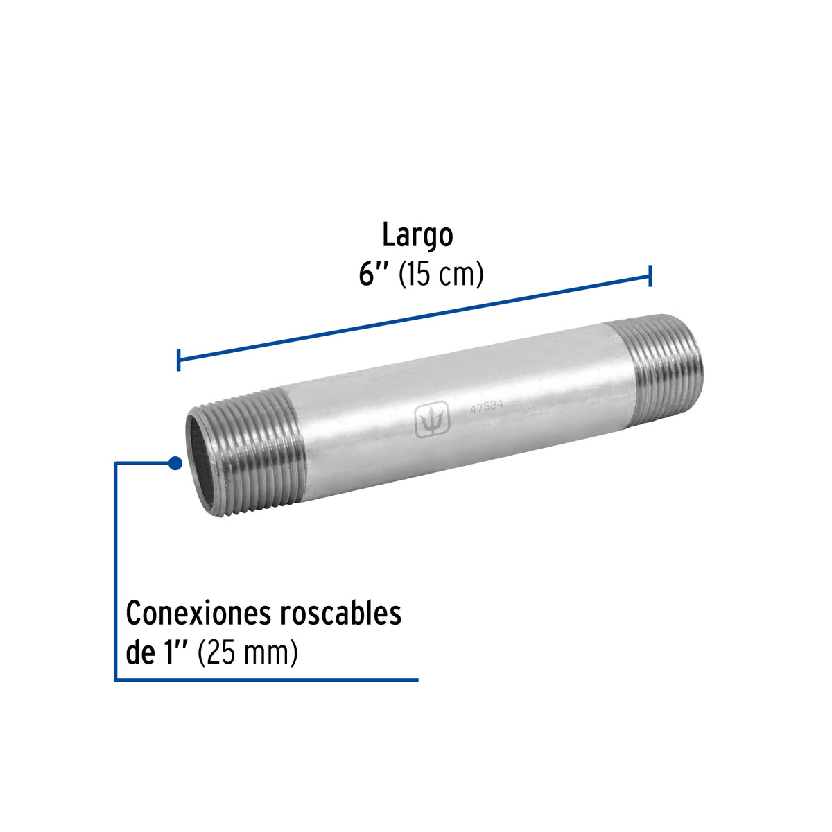 Niple, acero galvanizado, 1" x 6", cédula 40