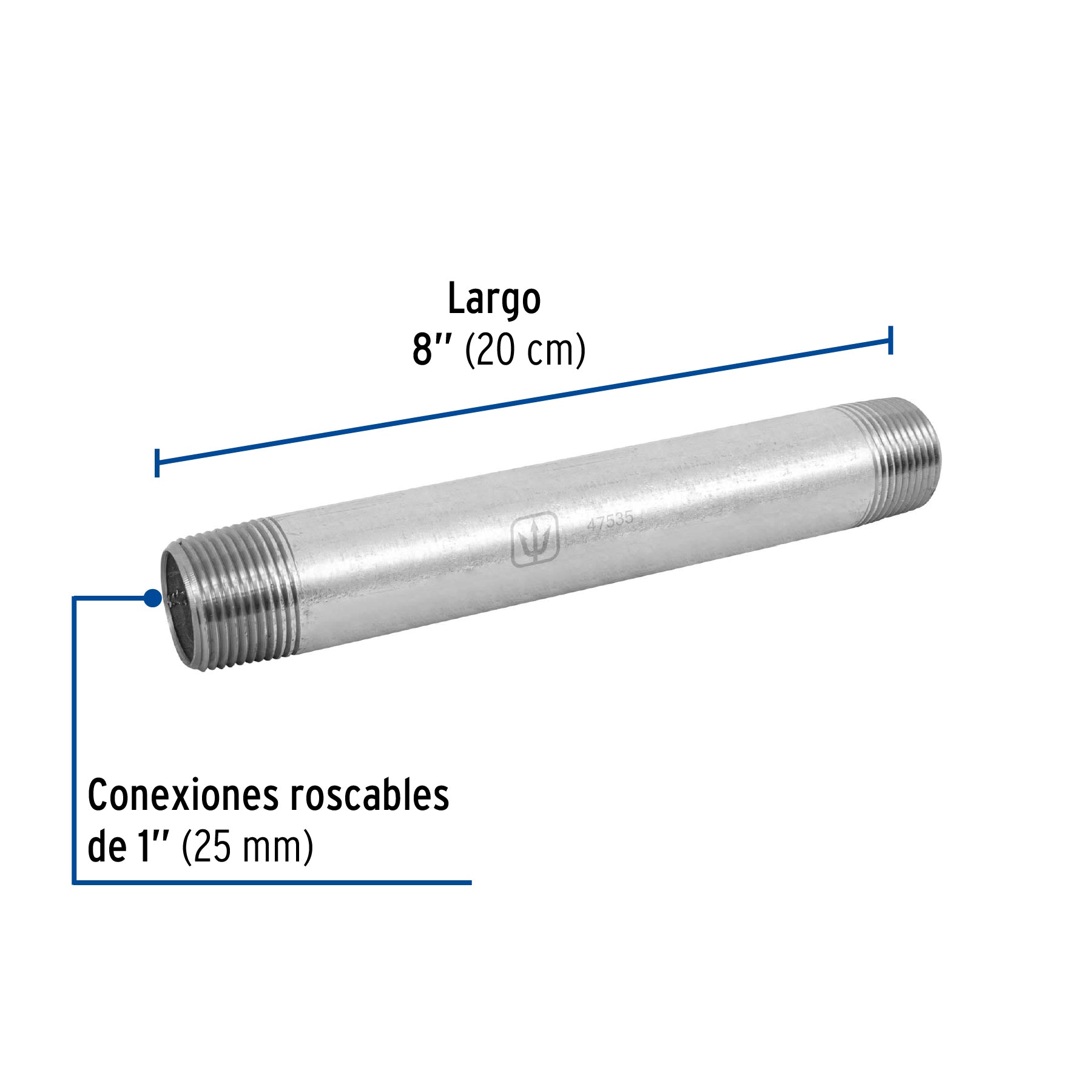 Niple, acero galvanizado, 1" x 8", cédula 40