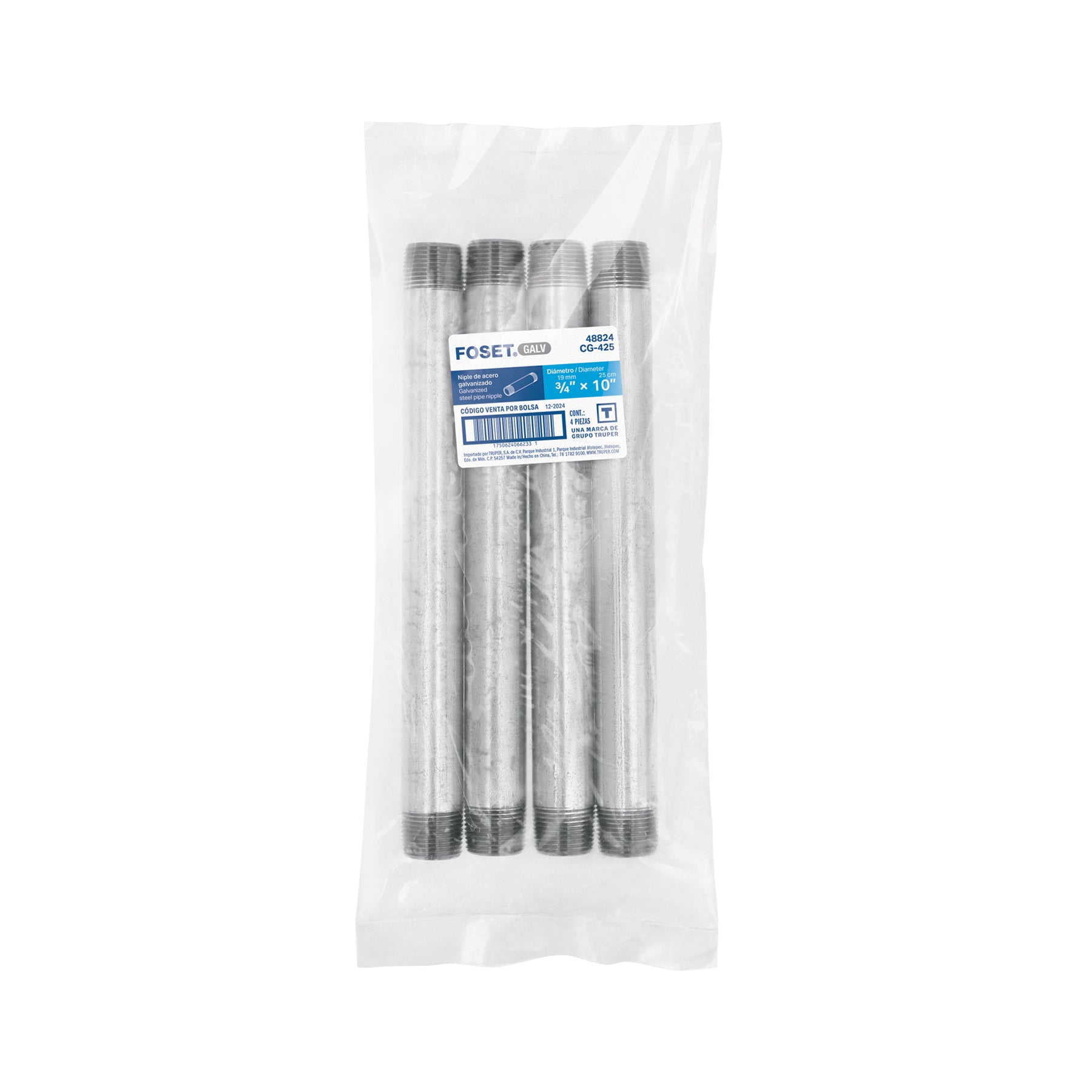 Niple, acero galvanizado, 3/4 x 10", cedula 40