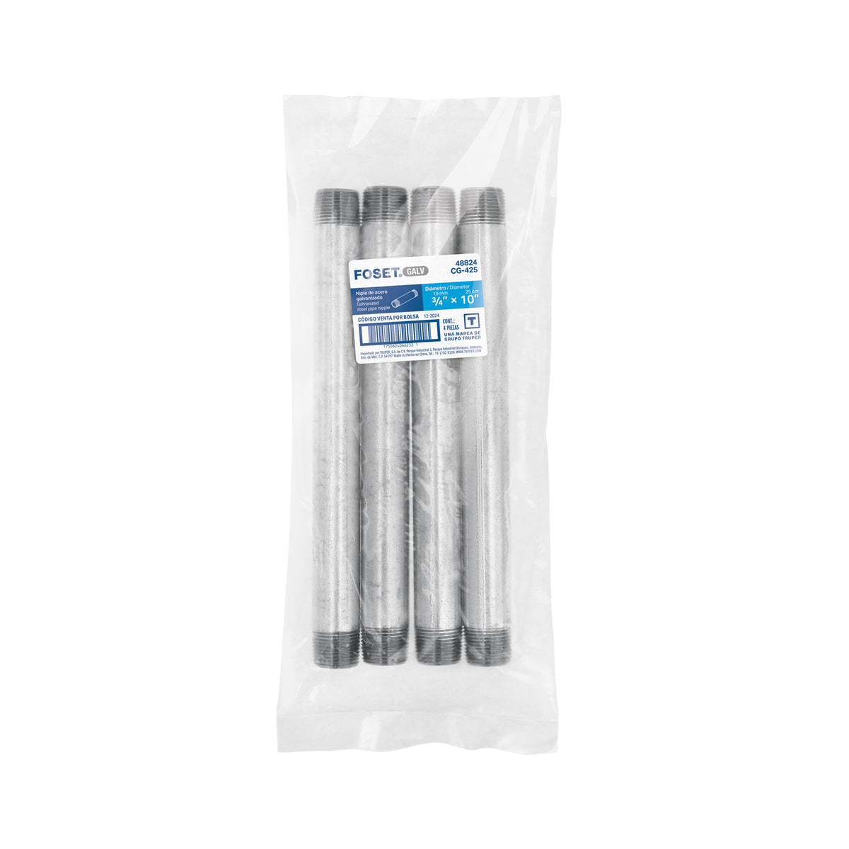 Niple, acero galvanizado, 3/4 x 10", cedula 40