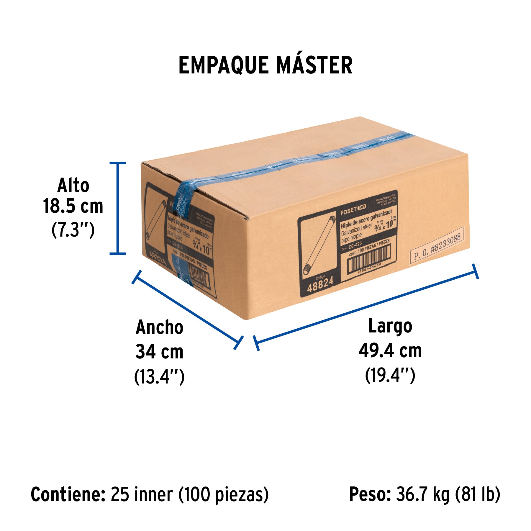 Niple, acero galvanizado, 3/4 x 10", cedula 40