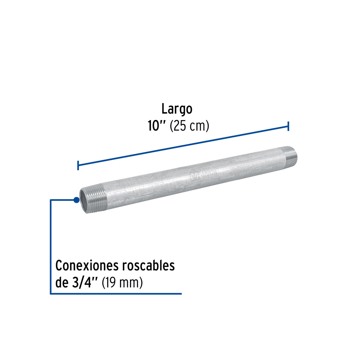 Niple, acero galvanizado, 3/4 x 10", cedula 40