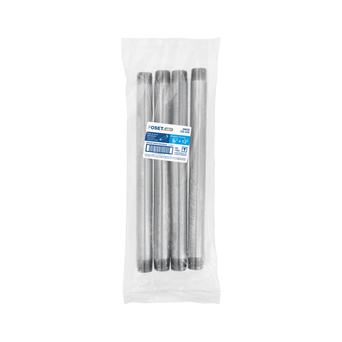 Niple, acero galvanizado, 3/4 x 12", cedula 40