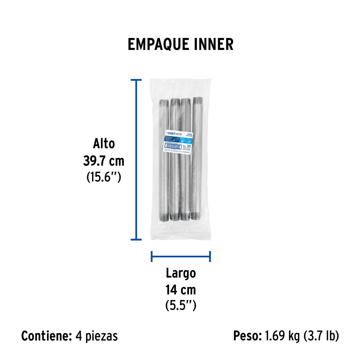 Niple, acero galvanizado, 3/4 x 12", cedula 40