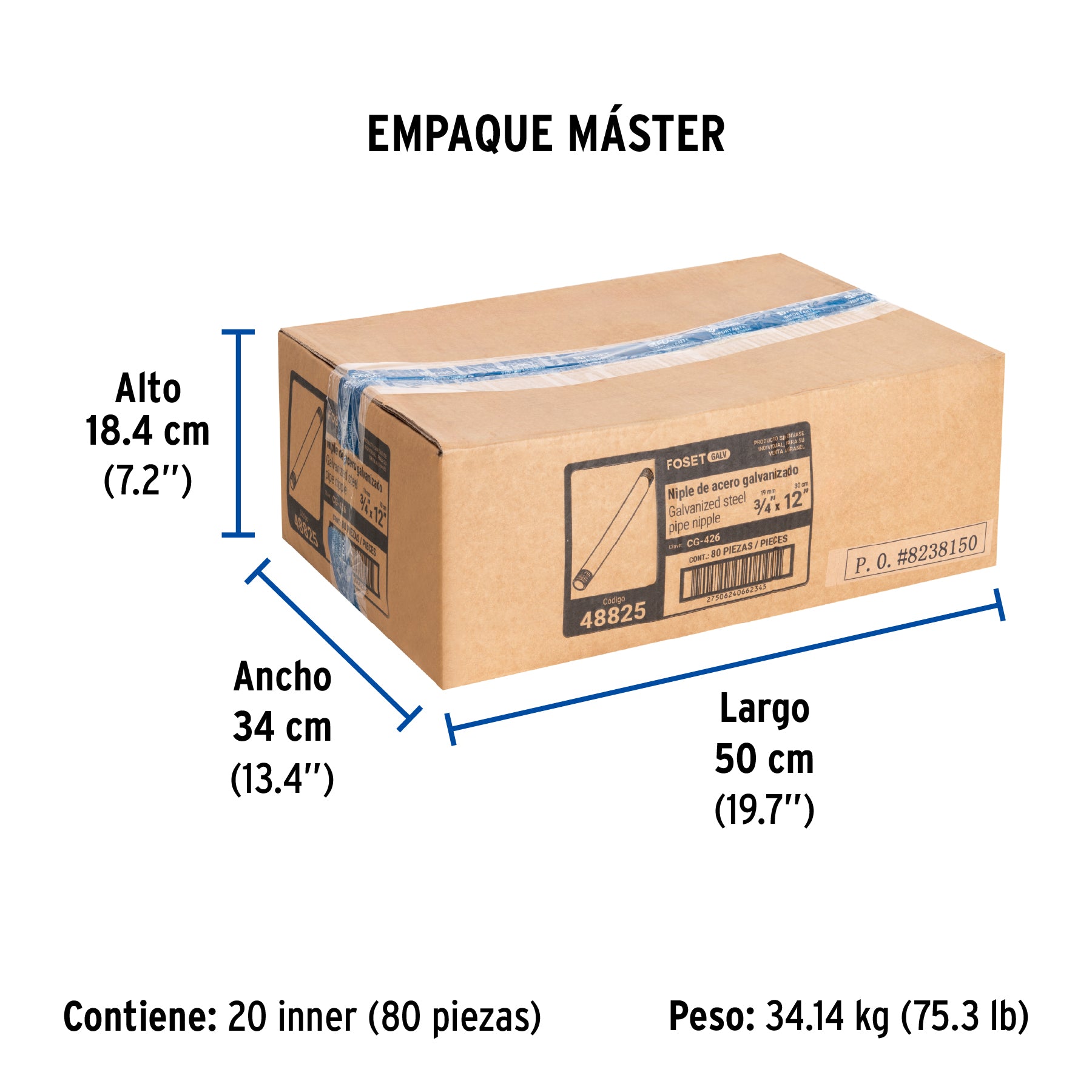 Niple, acero galvanizado, 3/4 x 12", cedula 40