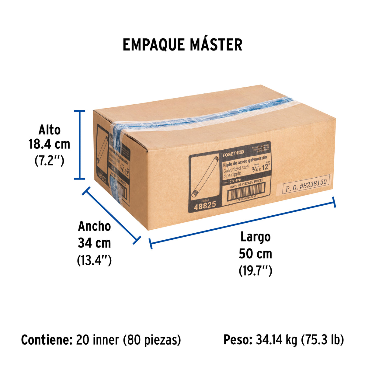Niple, acero galvanizado, 3/4 x 12", cedula 40